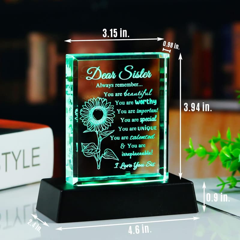 Sister Birthday Gift - Crystal Keepsake with Light Base