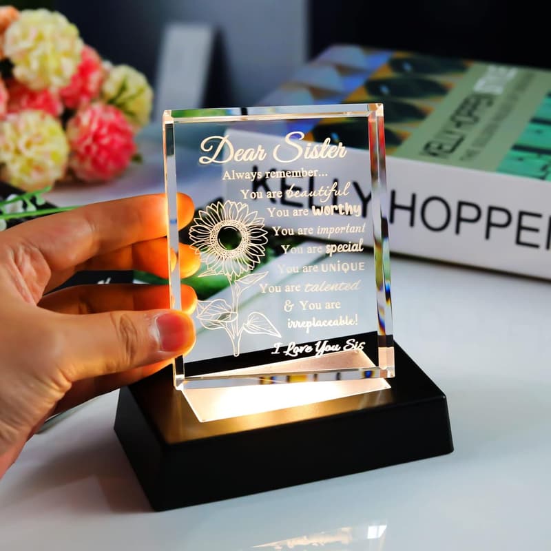 Sister Birthday Gift - Crystal Keepsake with Light Base