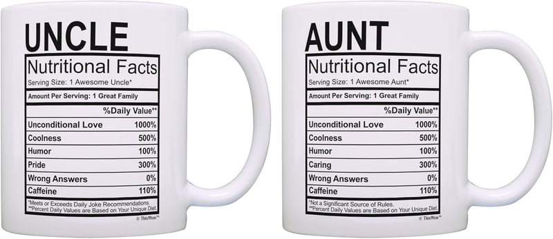 Aunt & Uncle 11oz Ceramic Coffee Mugs - Nutritional Facts Set