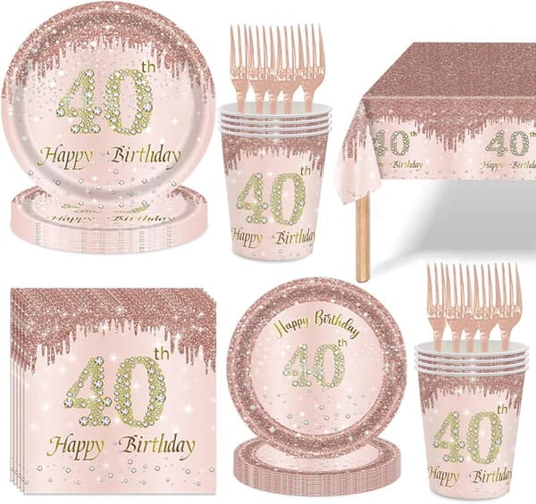 40th Birthday Rose Gold Party Supplies for 24 Guests