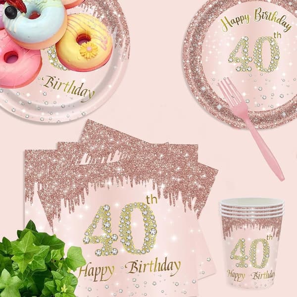 40th Birthday Rose Gold Party Supplies for 24 Guests