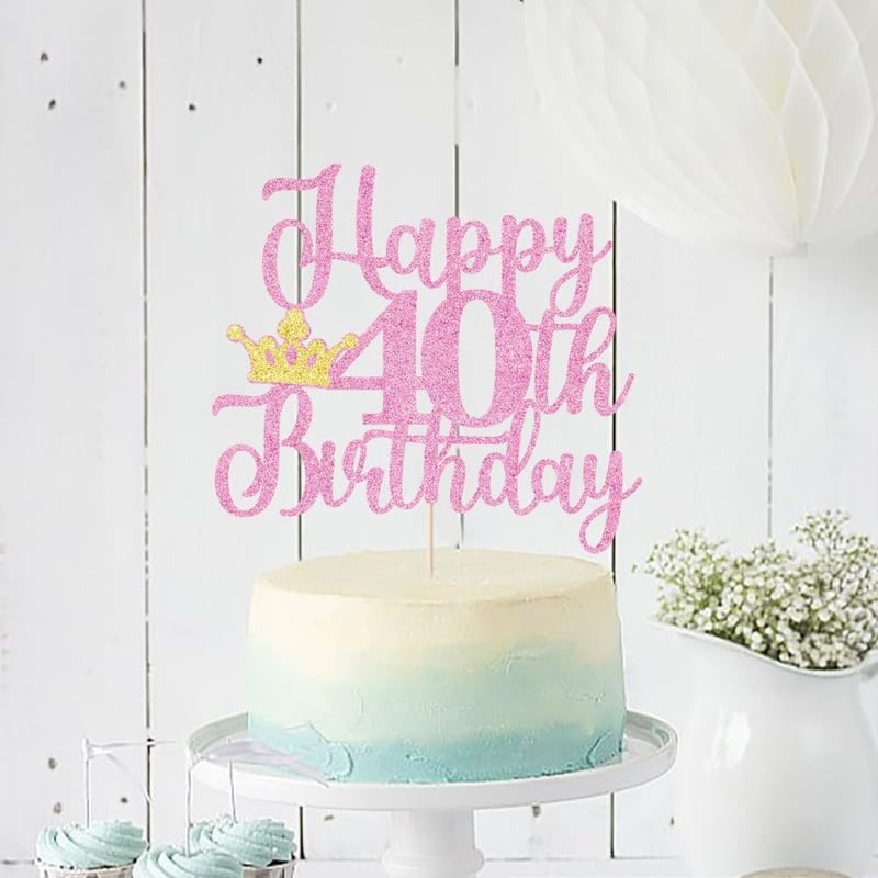 40th Birthday Cake Topper - Pink & Gold Glitter Crown