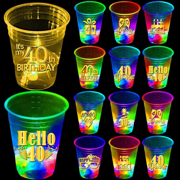 40th Birthday Glow-in-the-Dark Party Cups - 24 Pack