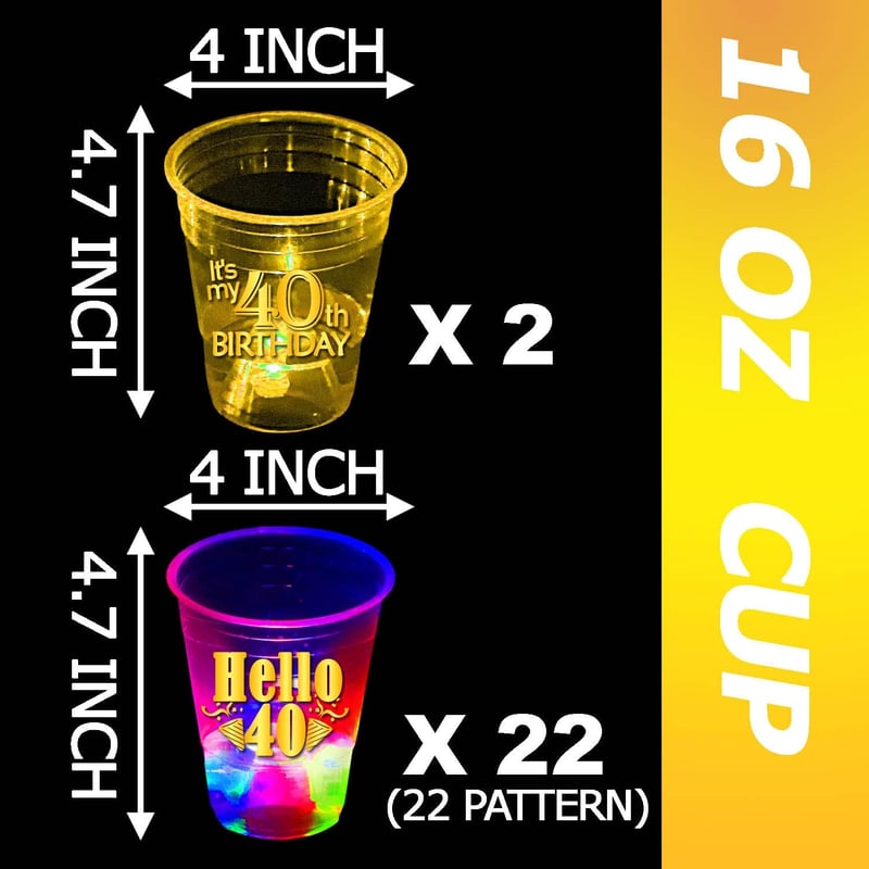 40th Birthday Glow-in-the-Dark Party Cups - 24 Pack