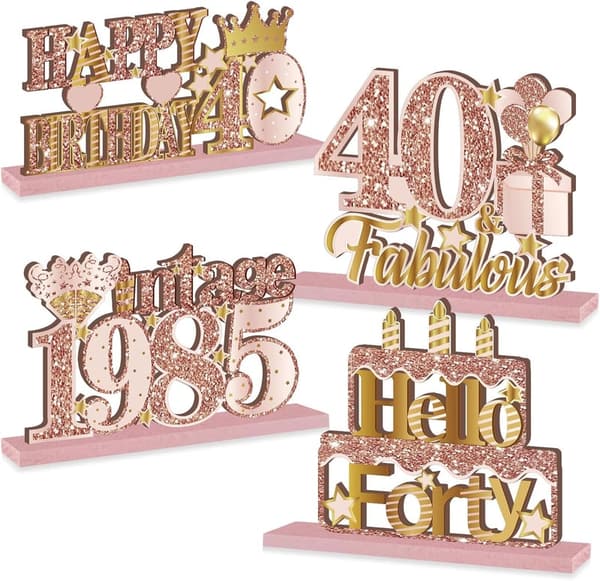 40th Birthday Wooden Centerpieces - Vintage Pink Rose Gold Decor
