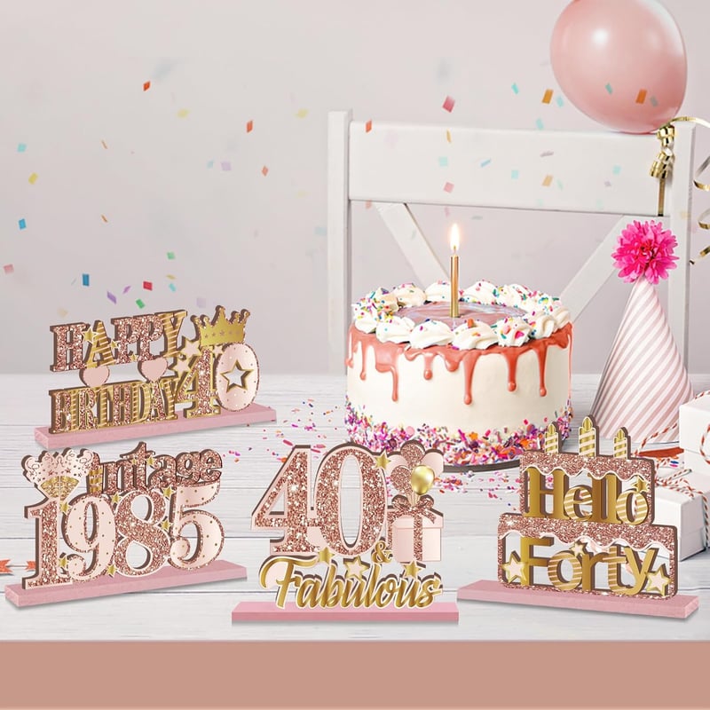 40th Birthday Wooden Centerpieces - Vintage Pink Rose Gold Decor