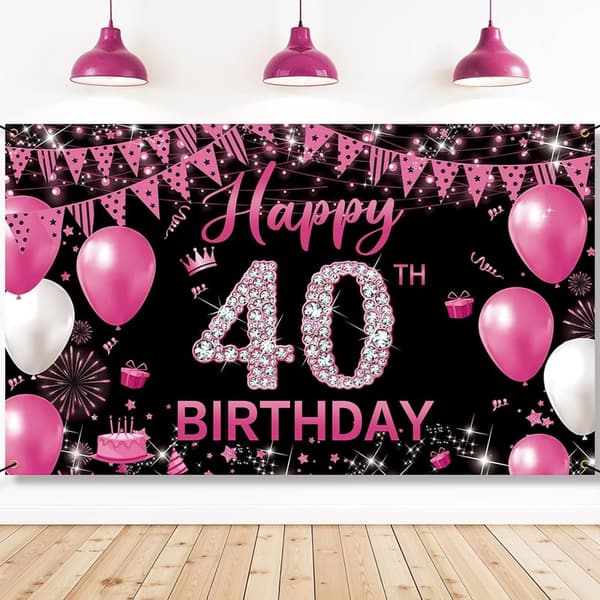 Happy 40th Birthday Banner - Hot Pink Fabric Backdrop (6.1 x 3.6ft)