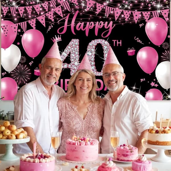 Happy 40th Birthday Banner - Hot Pink Fabric Backdrop (6.1 x 3.6ft)