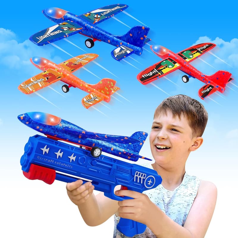 LED Foam Glider Airplane Launcher Set - Outdoor Birthday Toy for Kids 6+
