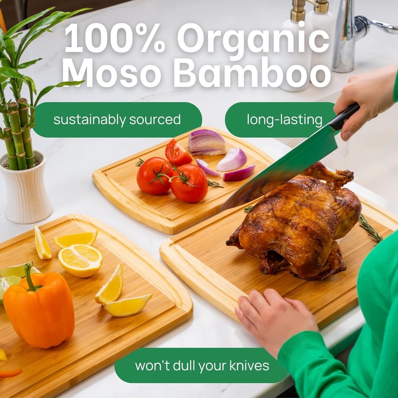 Organic Bamboo Cutting Board Set of 3 - Kitchen Essentials