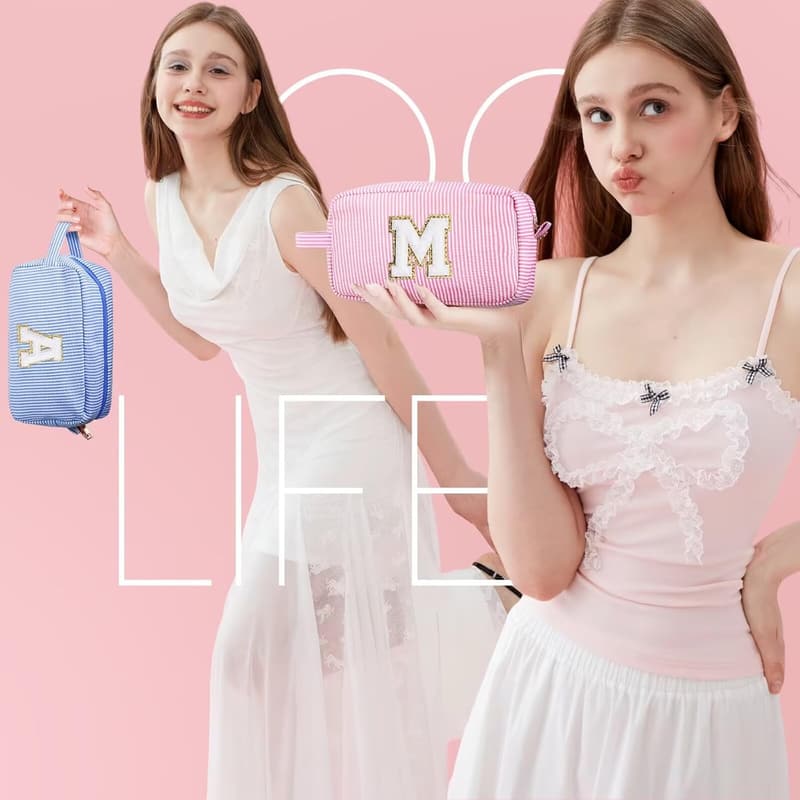 Trendy Initial Makeup Bag for Girls, Ages 4-14, Pink