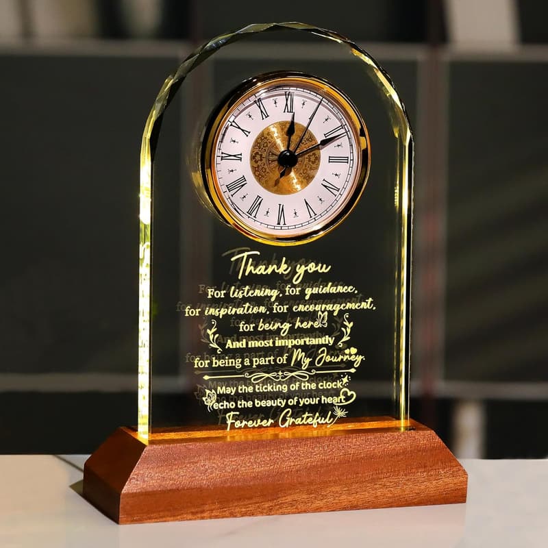 Thank You Gifts Glass Clock with Wooden Base for Women & Men