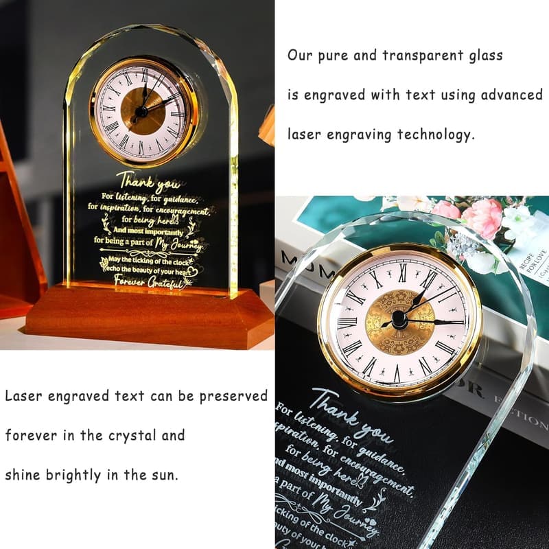 Thank You Gifts Glass Clock with Wooden Base for Women & Men
