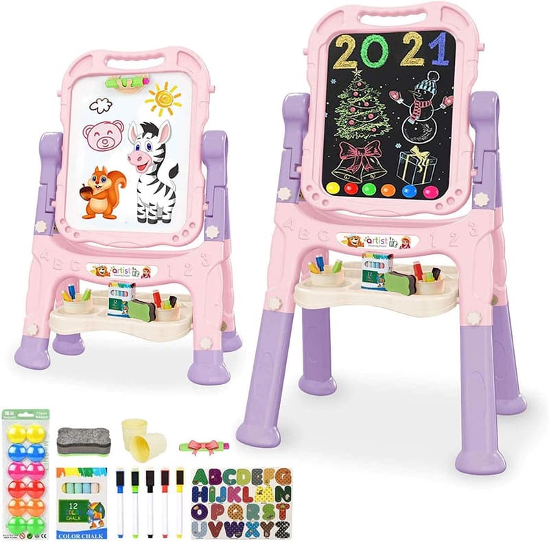 Adjustable Double-Sided Art Easel for Kids with Accessories - Pink