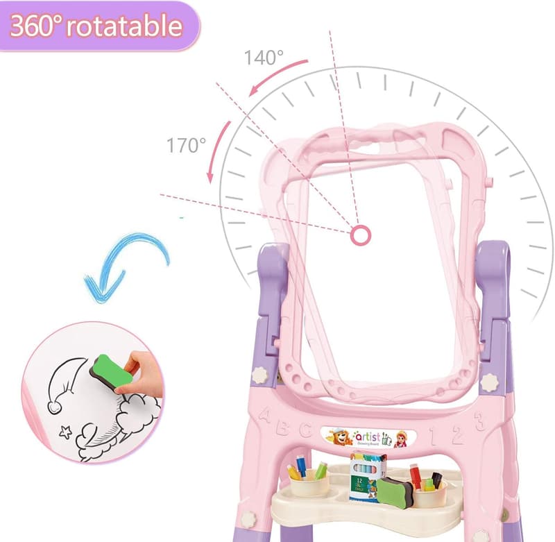 Adjustable Double-Sided Art Easel for Kids with Accessories - Pink