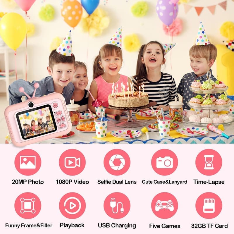 Kids Digital Camera with Dual Lens, 48MP - Pink Birthday Gift