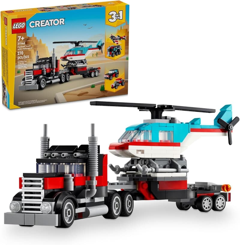 LEGO Creator 3-in-1 Flatbed Truck & Helicopter Toy, Ages 7+
