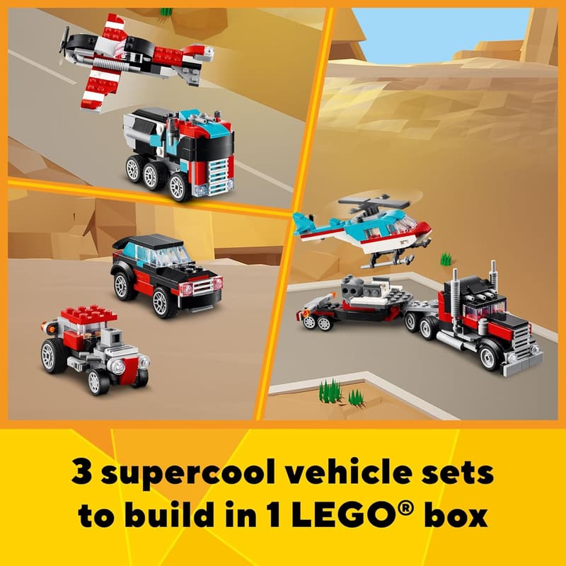 LEGO Creator 3-in-1 Flatbed Truck & Helicopter Toy, Ages 7+
