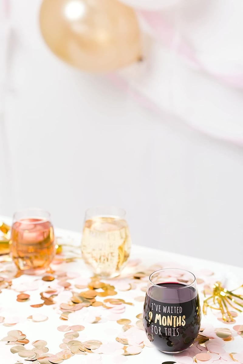 Mother’s Day Stemless Wine Glass for New Moms, 16 Oz, Pink & Gold