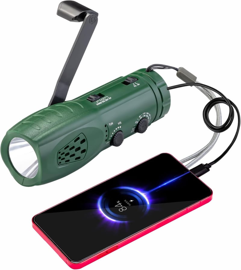 Portable Hand Crank Flashlight with Emergency Radio and Charger