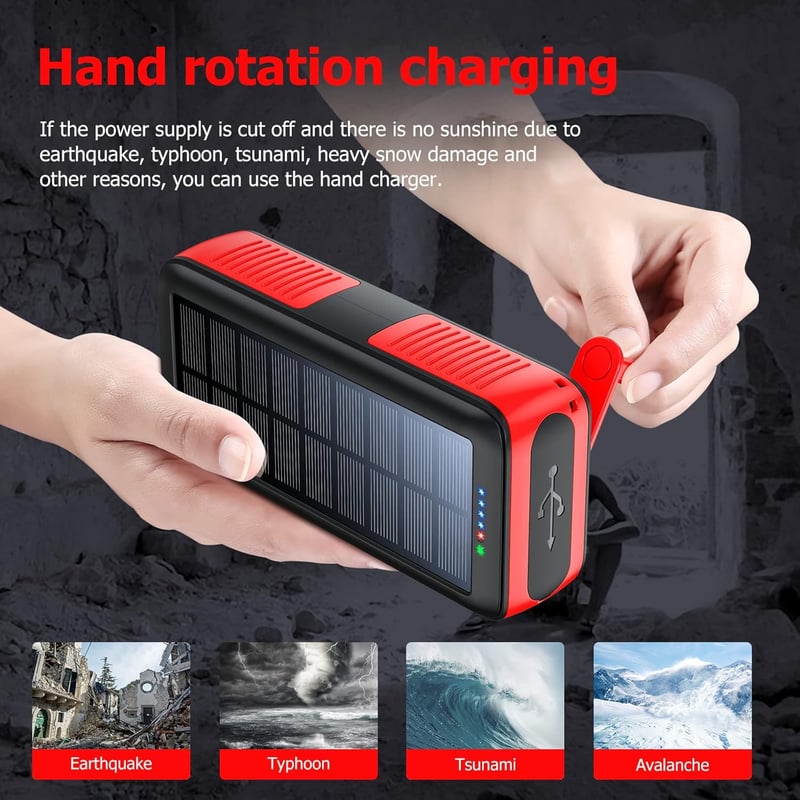 Portable 63200mAh Solar Power Bank with Dual Outputs & Hand Crank