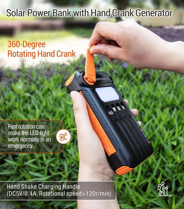 20000mAh Solar Power Bank with Hand Crank & Fast Charge