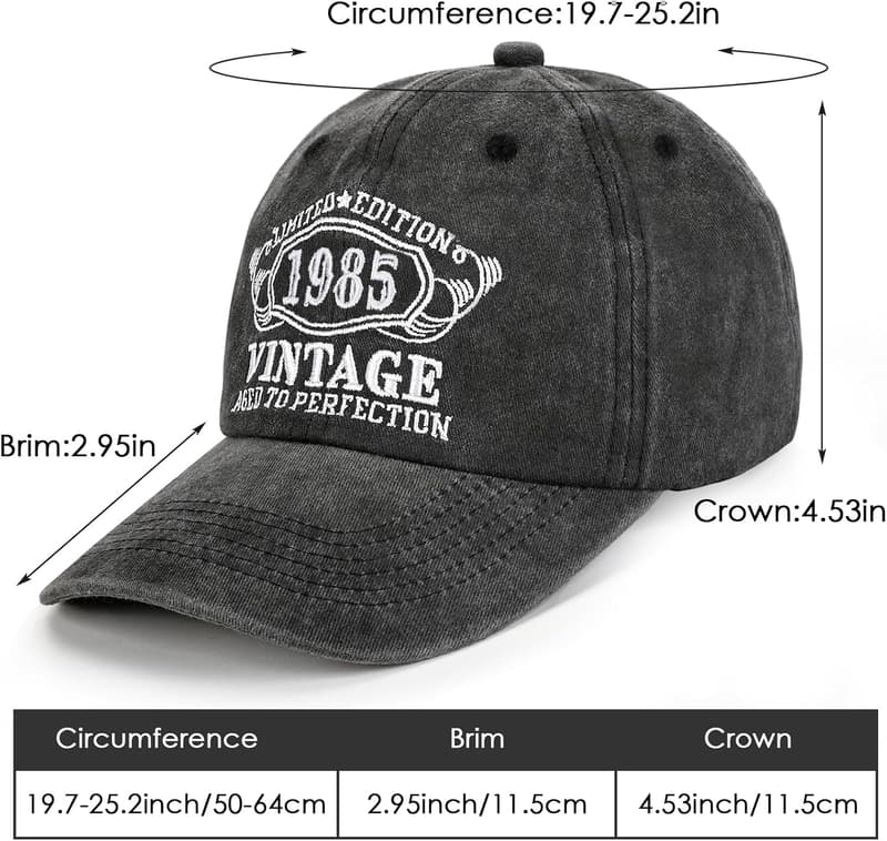 Vintage Year Baseball Cap for 21st-80th Birthdays, Unisex