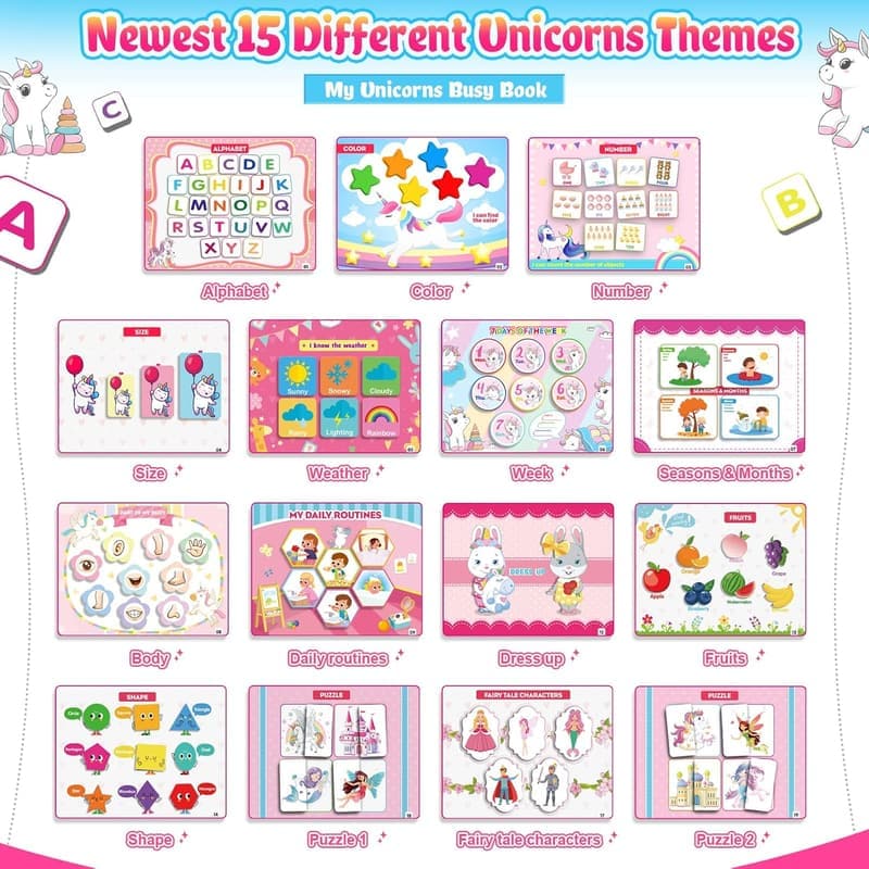 Montessori Unicorn Busy Book for Girls Aged 3-5