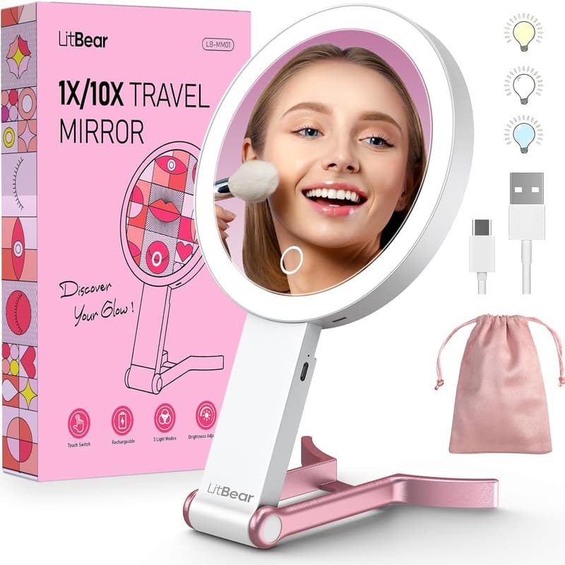 Portable Lighted Travel Makeup Mirror with 10X Magnification