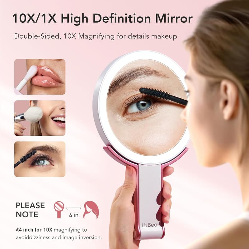 Portable Lighted Travel Makeup Mirror with 10X Magnification