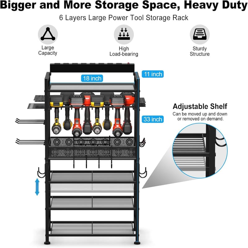 Power Tool Organizer with Charging Station & Adjustable Rack