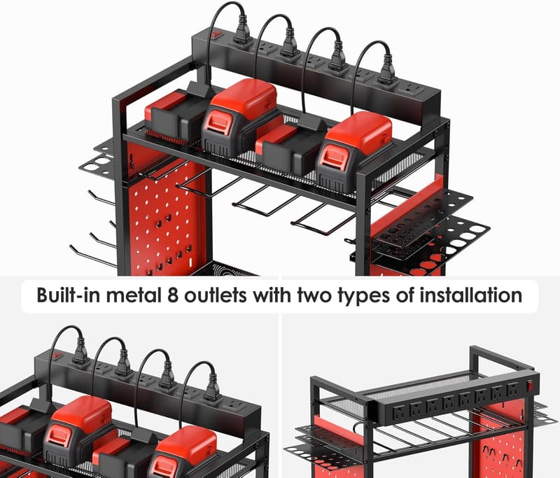 Mobile Power Tool Organizer Cart with Charging Station, Red