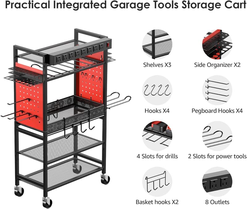 Mobile Power Tool Organizer Cart with Charging Station, Red