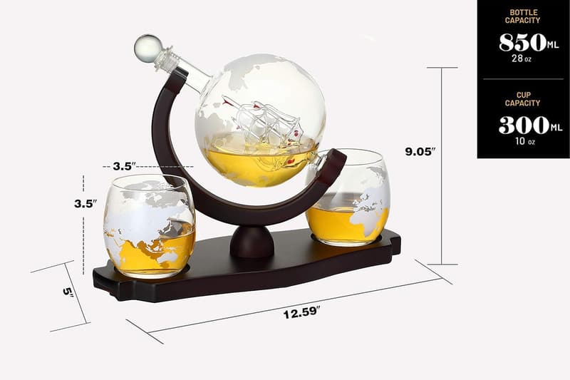 Whiskey Globe Decanter Set with 2 Etched Glasses in Gift Box