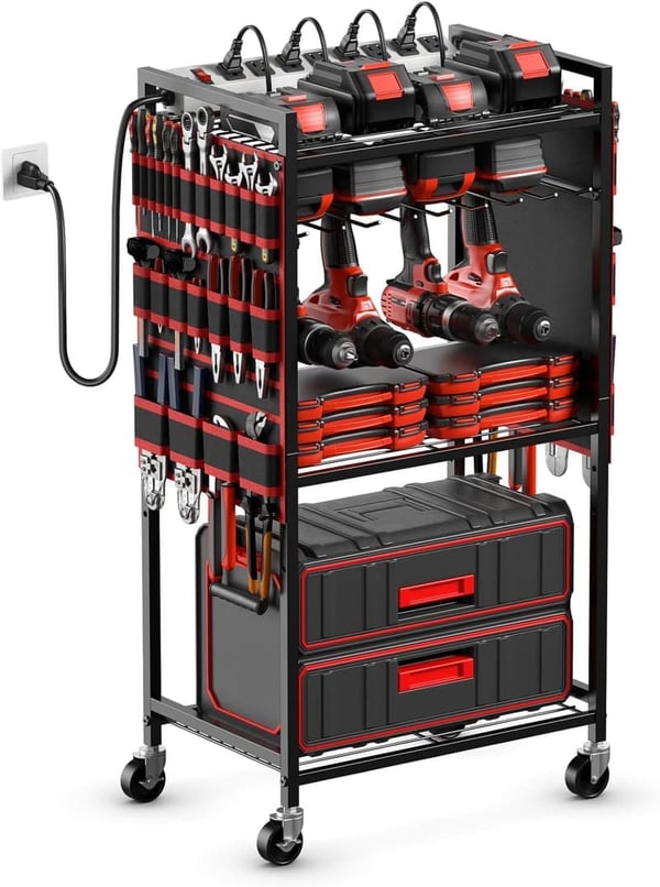 Heavy-Duty Tool Organizer Cart with Charging Station, Red