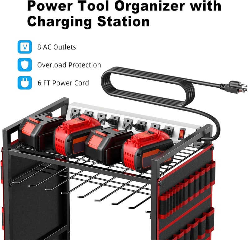 Heavy-Duty Tool Organizer Cart with Charging Station, Red