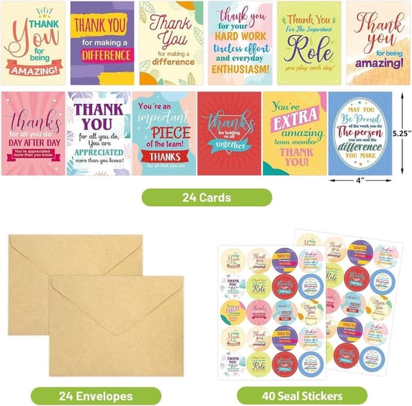 Employee Appreciation Thank You Cards - 24 Pack with Envelopes