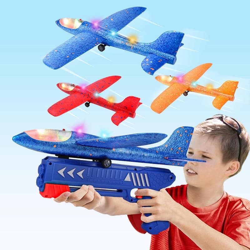 Outdoor Flying Toys - 3 Pack LED Foam Airplane Launcher for Kids