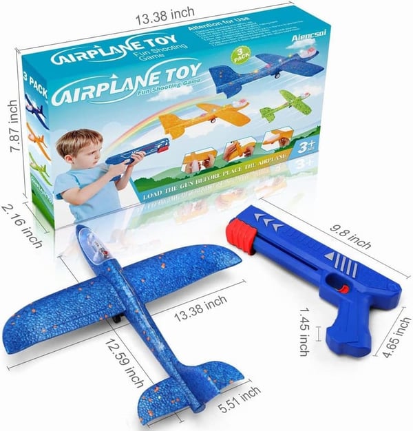 Outdoor Flying Toys - 3 Pack LED Foam Airplane Launcher for Kids