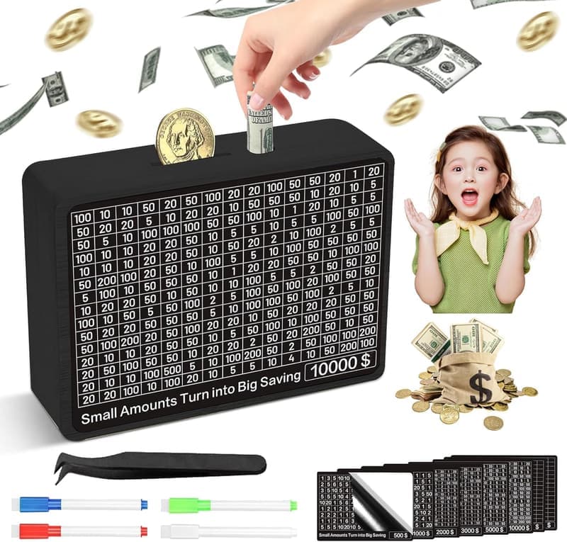 Cash Savings Challenge Box - Wooden Piggy Bank for Adults & Kids