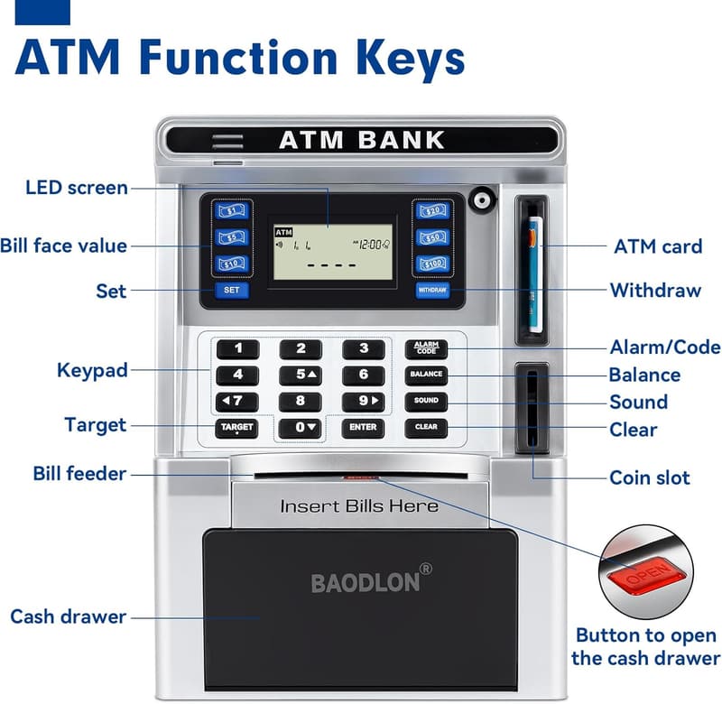 ATM Piggy Bank for Kids with Debit Card and Coin Recognition
