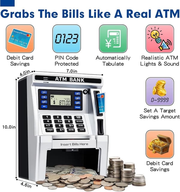 ATM Piggy Bank for Kids with Debit Card and Coin Recognition