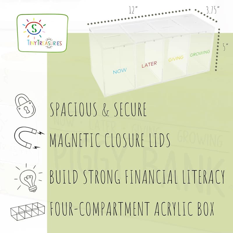 Acrylic Kids Piggy Bank – 4-Section Save, Spend, Share Design