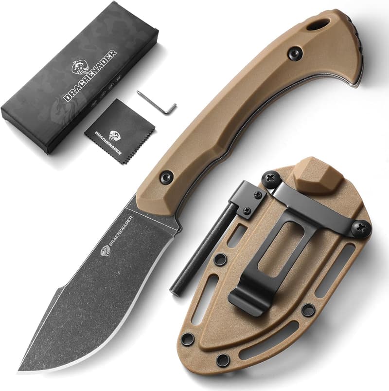 Khaki Survival Knife with Fire Starter & Belt Clip