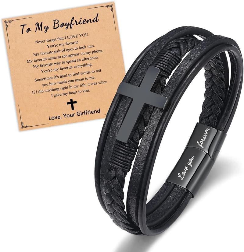 Baptism Gift: Cross Leather Bracelet for Boys