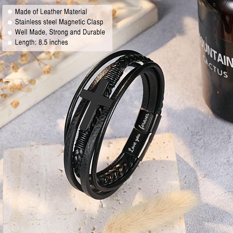 Baptism Gift: Cross Leather Bracelet for Boys