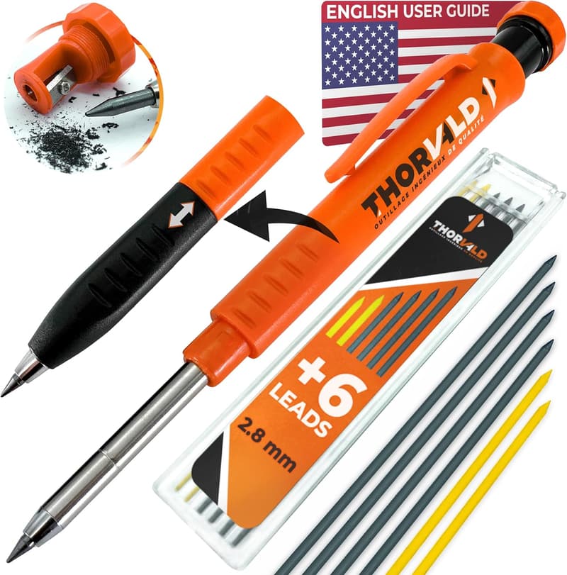 2-in-1 Carpenter Pencils with Grip & Sharpener, Includes 7 Leads