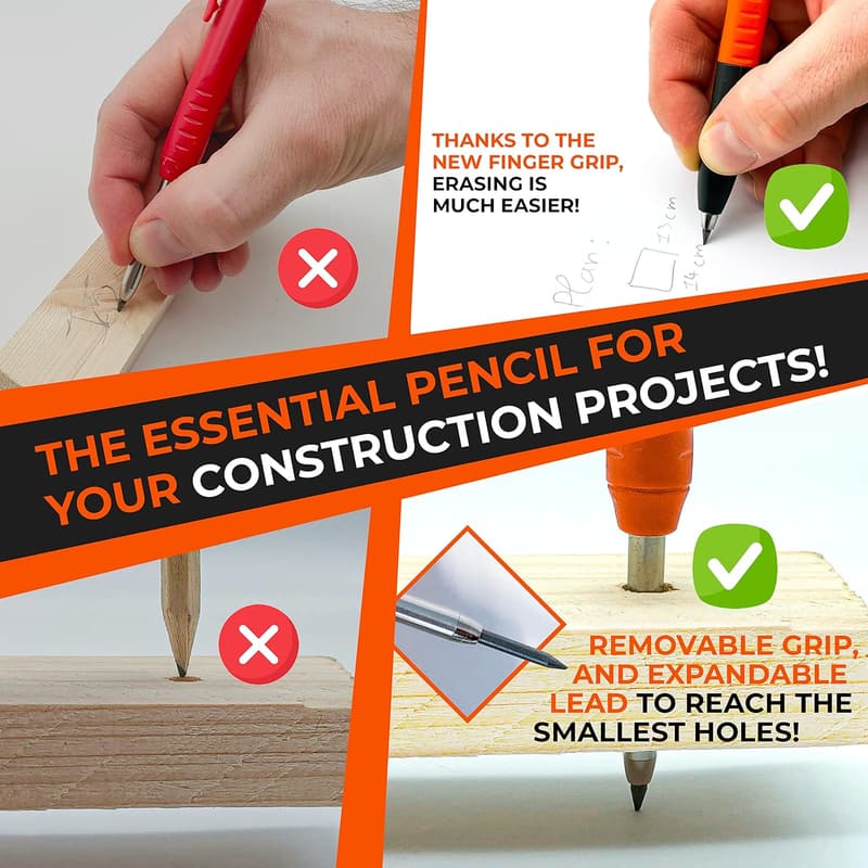 2-in-1 Carpenter Pencils with Grip & Sharpener, Includes 7 Leads