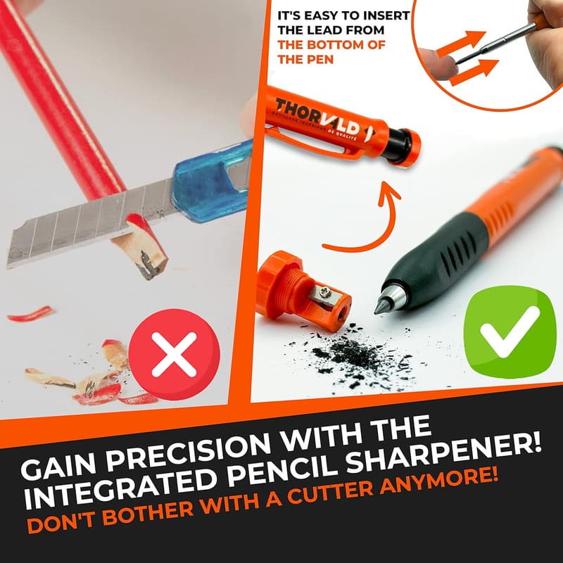 2-in-1 Carpenter Pencils with Grip & Sharpener, Includes 7 Leads