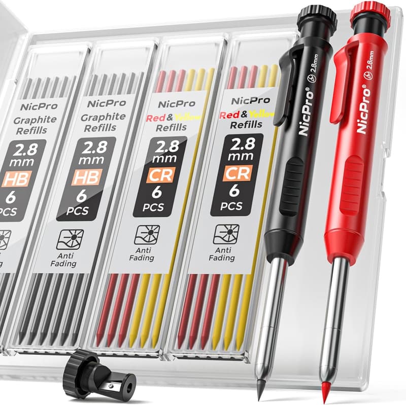 Heavy-Duty Carpenter Pencil Set with Sharpener & 26 Refills